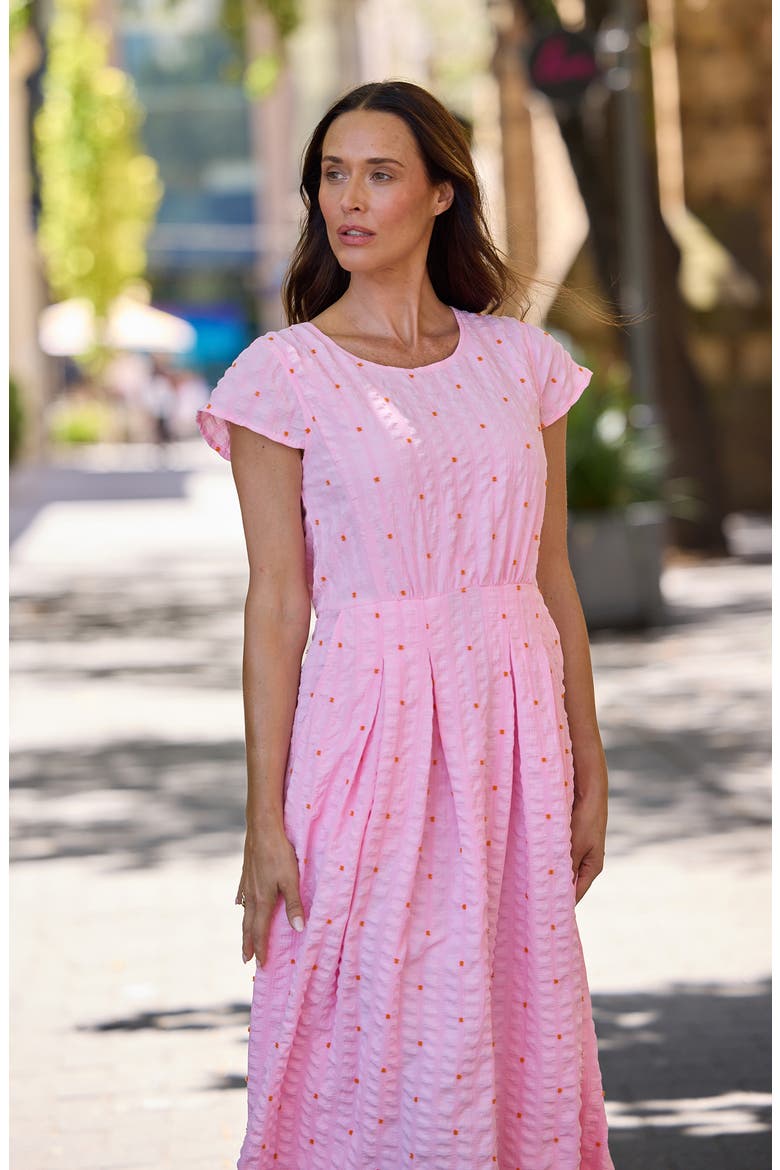 Chessie Embroidered Seersucker Midi Dress, Alternate, color, NEON PINK DOBBY