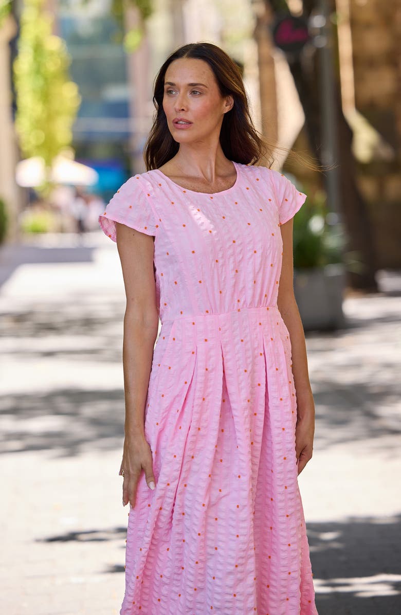 Brave+True Chessie Embroidered Seersucker Midi Dress, Alternate, color, Neon Pink Dobby