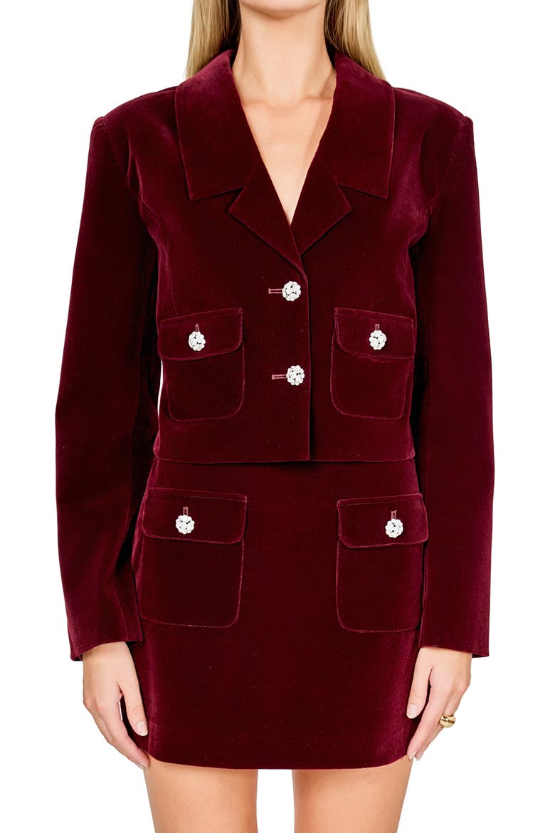 Jeweled Crop Velvet Blazer, Alternate, color, MERLOT
