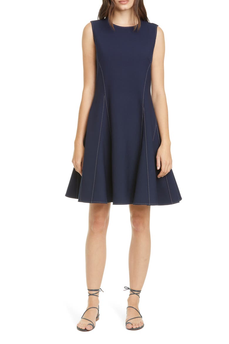 Water Drop Contrast Stitch Crepe Fit & Flare Dress, Main, color, NAVY