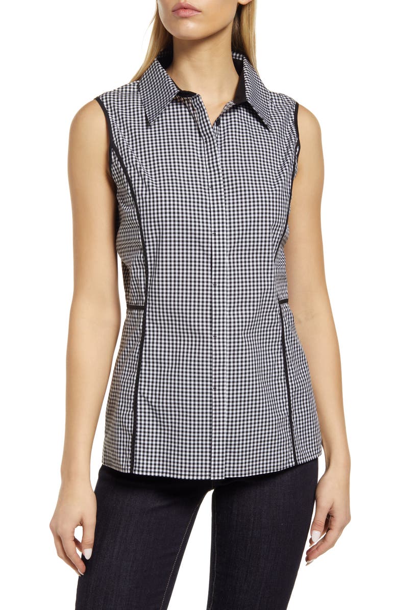 Ming Wang Gingham Collared Sleeveless Top, Main, color, 