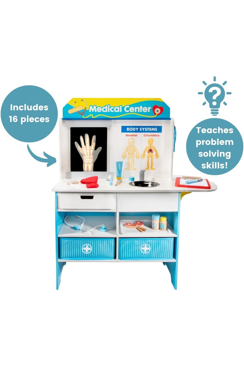 Get Well Doctor Wooden Activity Center- Kids Pretend Play Medical Playset w 16 Fun Accessories, Alternate, color, White