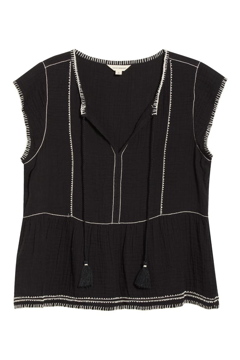 Embroidered Detail Cotton Tank, Main, color, 001 BLACK