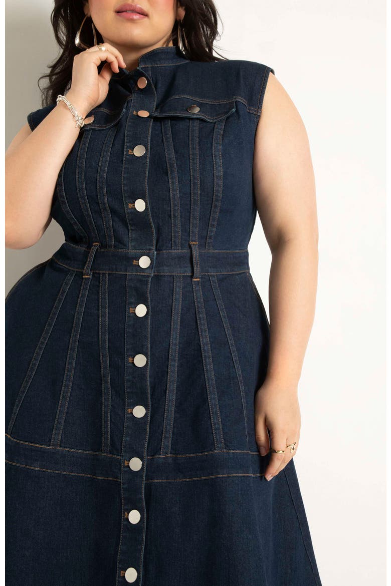 Denim Fit & Flare Midi Dress, Alternate, color, DARK WASH