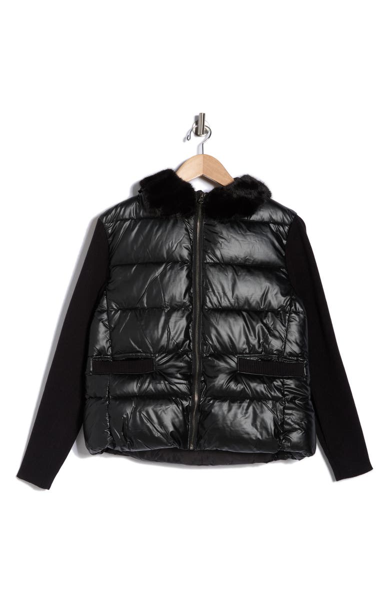 La Fiorentina Faux Fur Trim Hooded Puffer Jacket, Main, color, Black