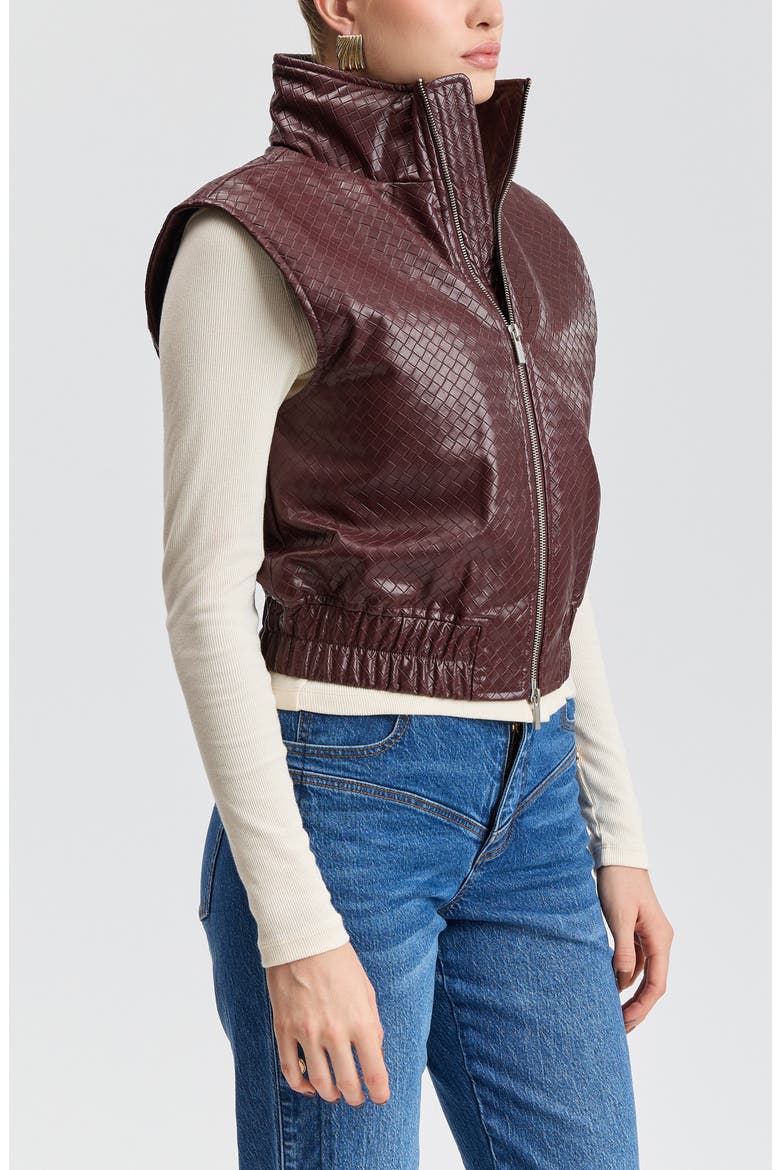 Woven Faux Leather Cropped Puffer Vest, Alternate, color, BURGUNDY