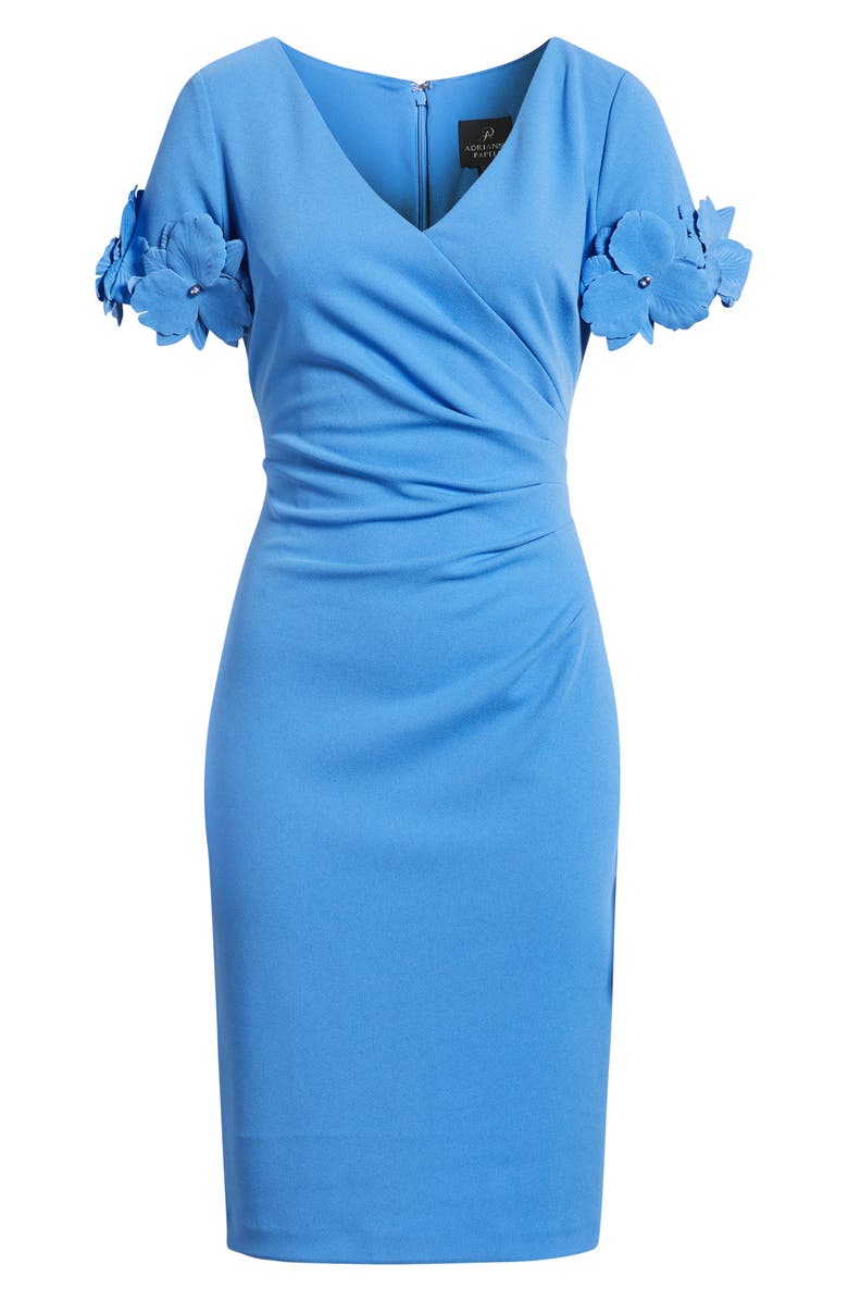 Adrianna Papell 3D Flower Cuff Crepe Faux Wrap Dress, Main, color, Cool Water