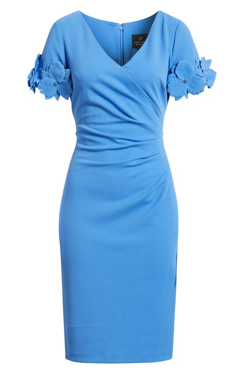 3D Flower Cuff Crepe Faux Wrap Dress