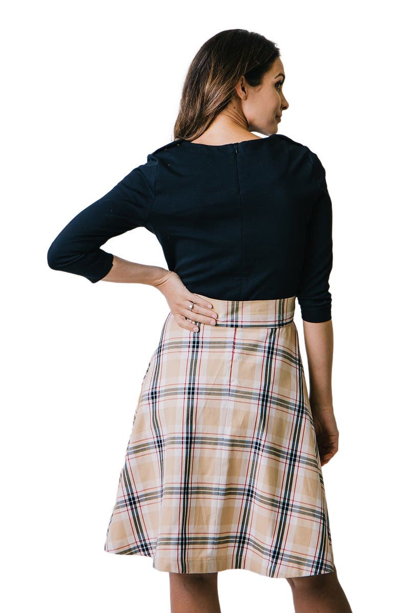 Hope & Henry Women's French Skater Dress, Alternate, color, Black With Classic Tan Plaid