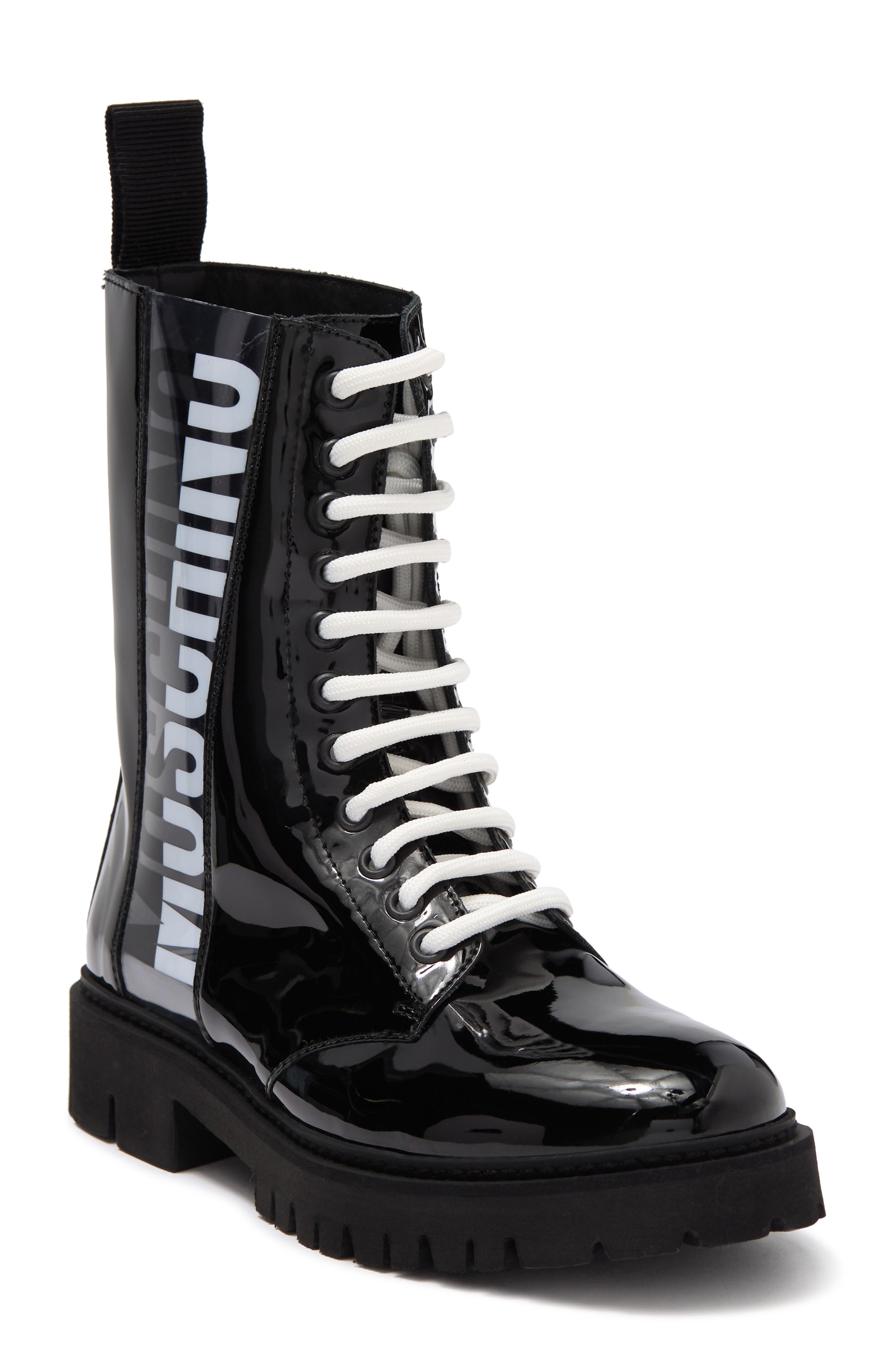 Moschino Logo Patent Combat Boot, Main, color, 