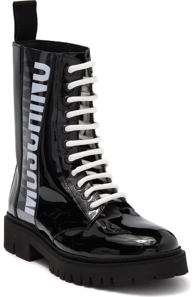 Moschino Logo Patent Combat Boot, Main, color,