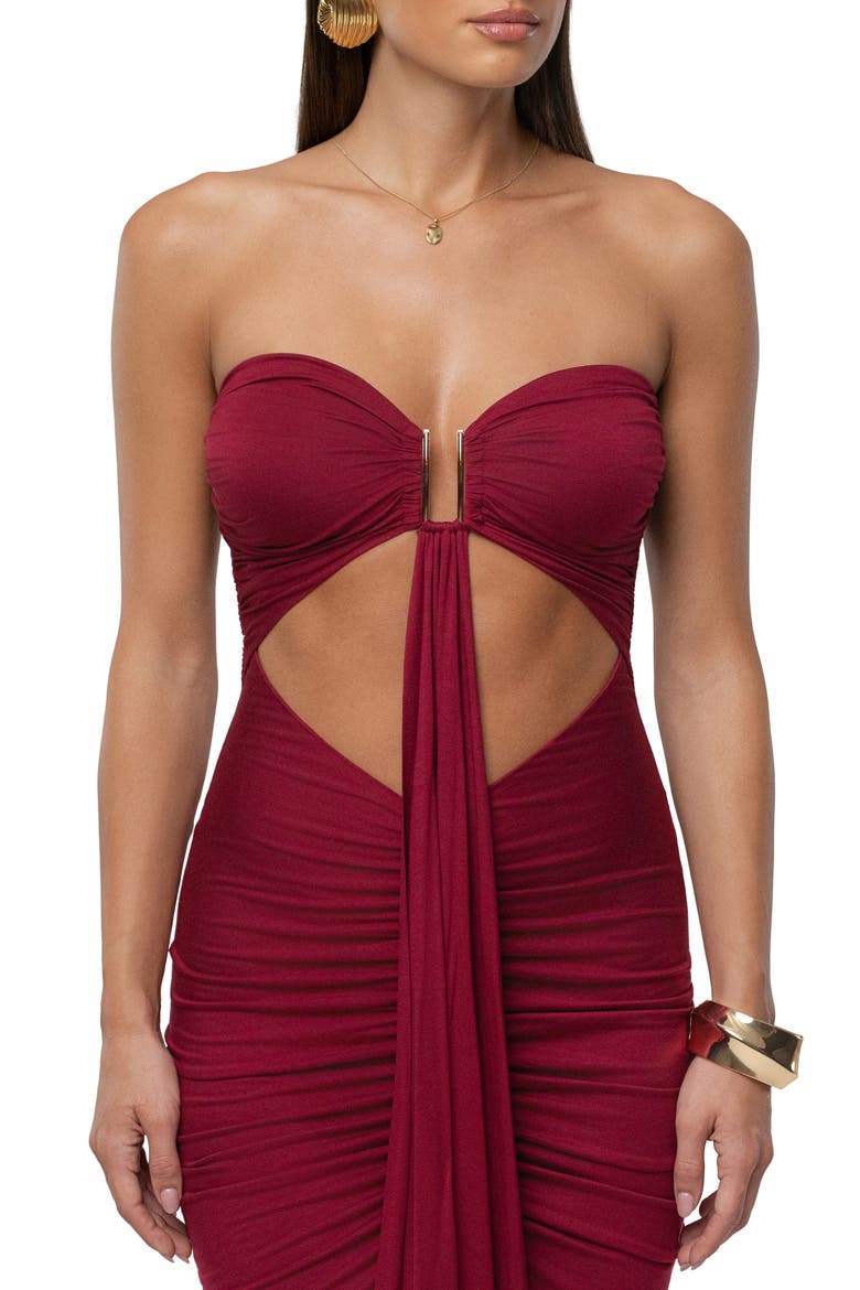 Drape Cutout Strapless Body-Con Maxi Cocktail Dress, Alternate, color, RED