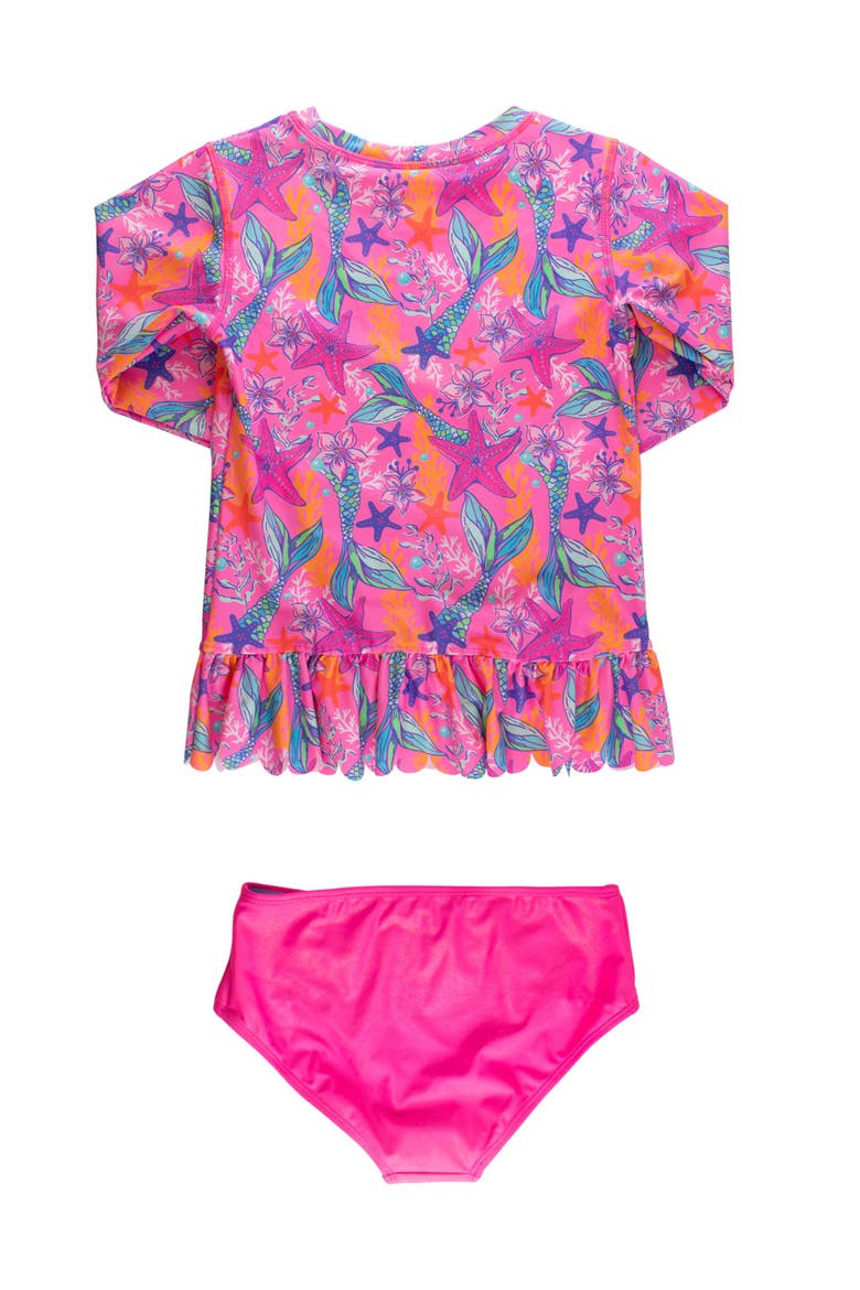 Scallop Hem Long Sleeve Rash Guard 2-Piece Bikini Swimsuit, Alternate, color, Neon Shimmer Mermaid