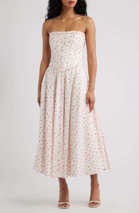 Gina Floral Strapless Corset Stretch Cotton Maxi Dress