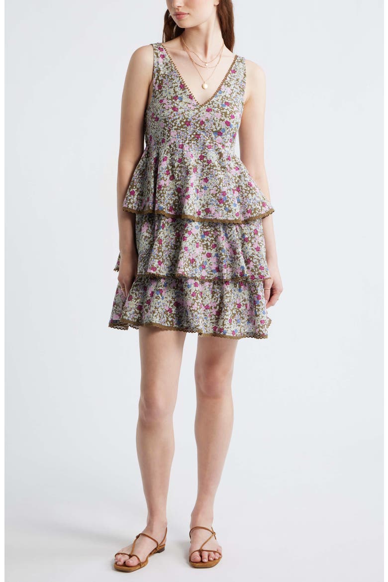 Floral Tiered Minidress, Main, color, OLIVE ESTE DITSY