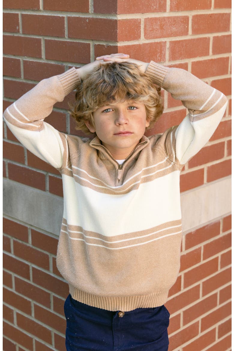 Kids' Organic Half Zip Stripe Sweater, Alternate, color, Camel and Ivory Chest Stripe