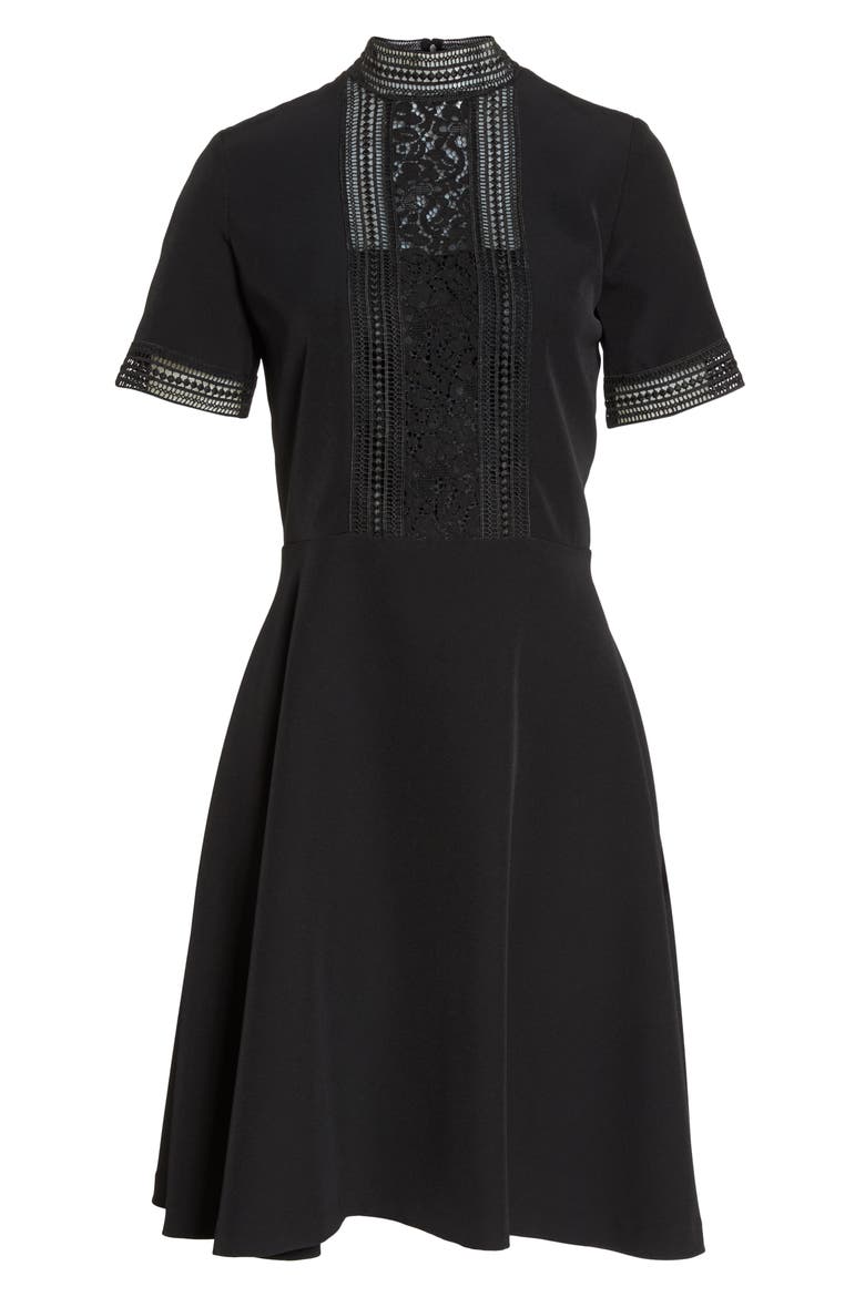 Lace Inset Fit & Flare Crepe Dress, Alternate, color, BLACK