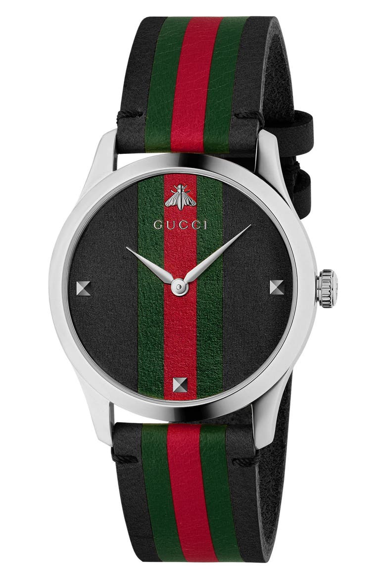 G-Timeless Leather Strap Watch, 38mm, Main, color, BLACK/ GREEN/ SILVER