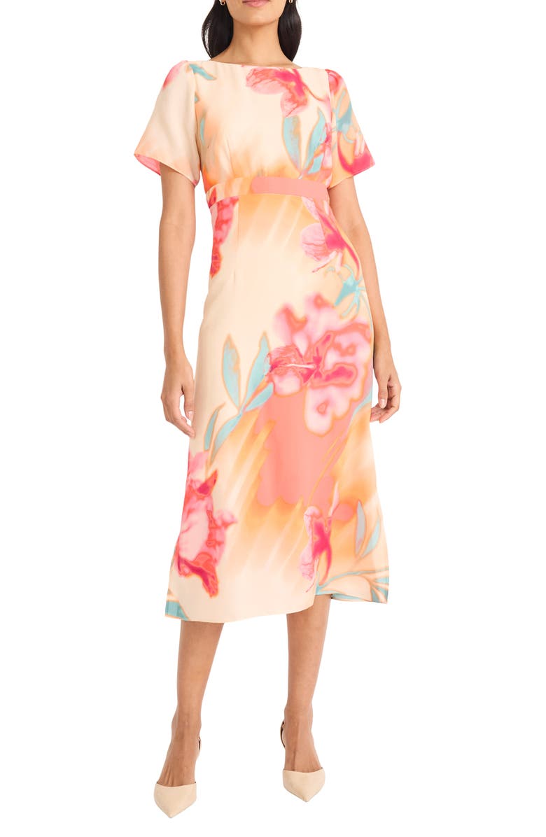 Maggy London Georgette Short Sleeve Midi Dress, Main, color, Cream/ Hot Coral