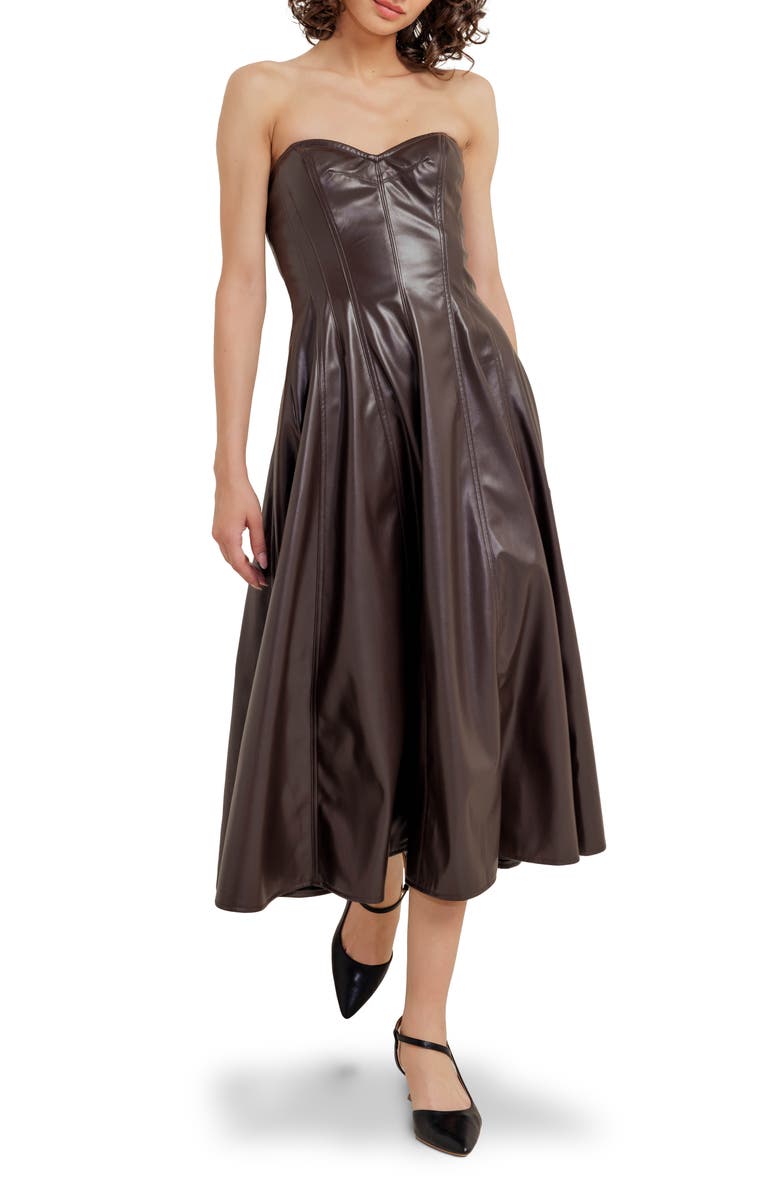 FREEMARKET Strapless Faux Leather Midi Dress, Main, color, Chocolate