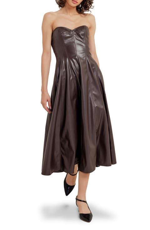 Strapless Faux Leather Midi Dress