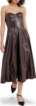 FREEMARKET Strapless Faux Leather Midi Dress