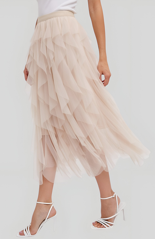 Modenaire Tiered Tulle Midi Skirt With Layered Ruffle Detail And Elastic Waistband In Neutral