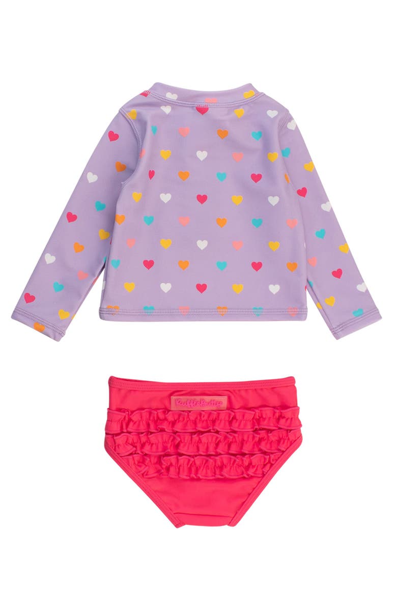 RuffleButts Girls UPF50+ Long Sleeve Zipper Rash Guard 2-Piece, Alternate, color, Lavender Colorful Hearts