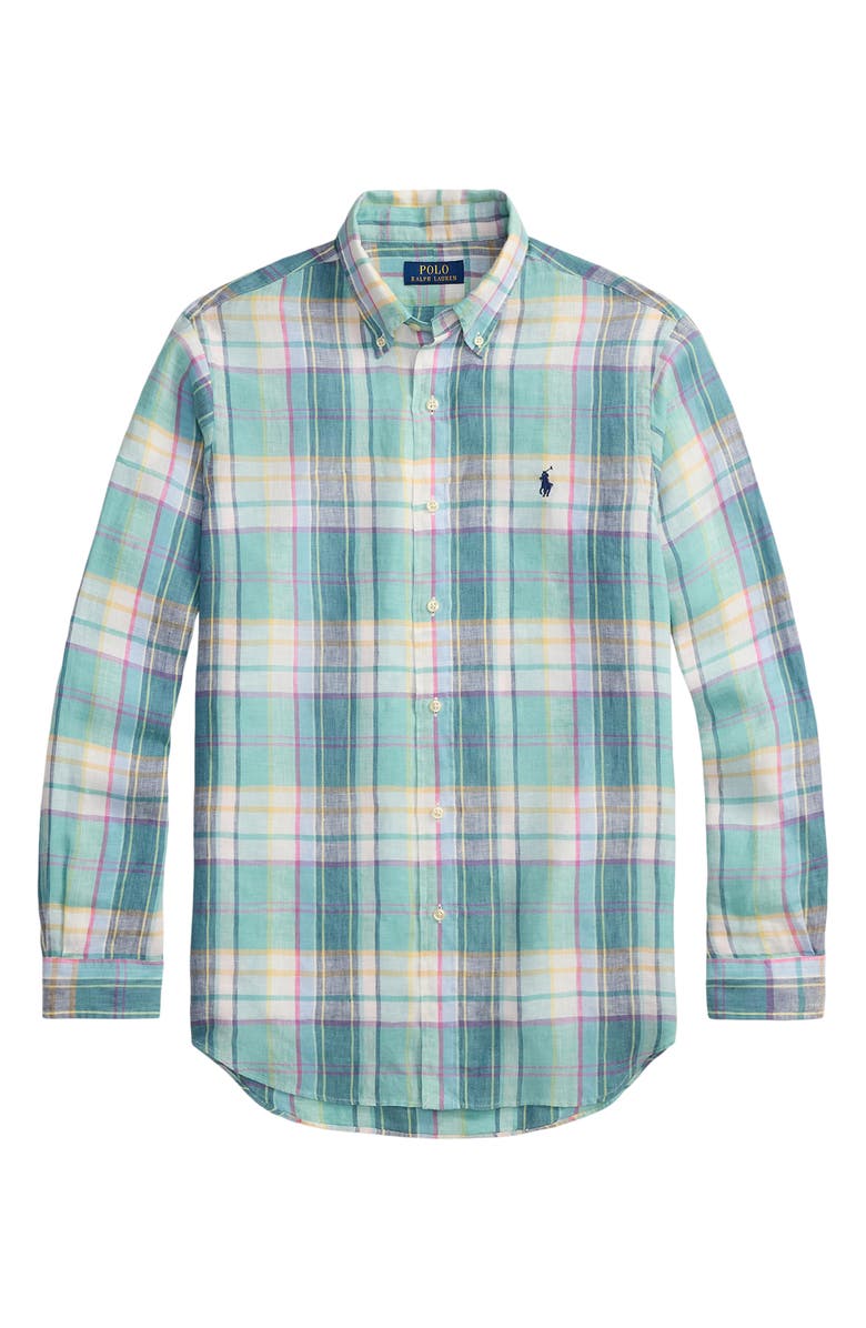 Polo Ralph Lauren Classic Fit Plaid Linen Button-Down Shirt, Alternate, color, Green Blue White