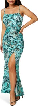 bebe Ruched High Slit Maxi Dress