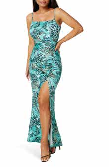 bebe Ruched High Slit Maxi Dress