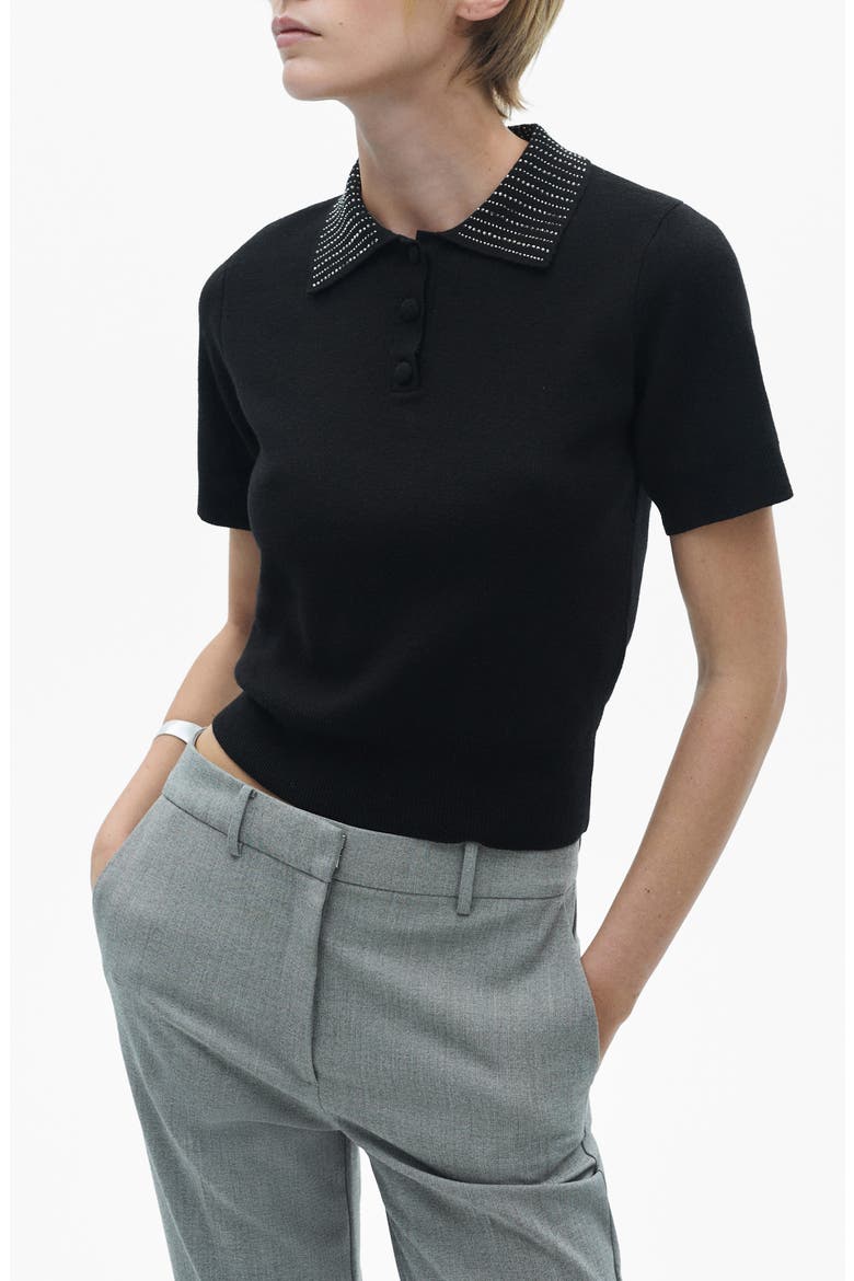 Rhinestone Collar Knit Polo Shirt, Main, color, BLACK