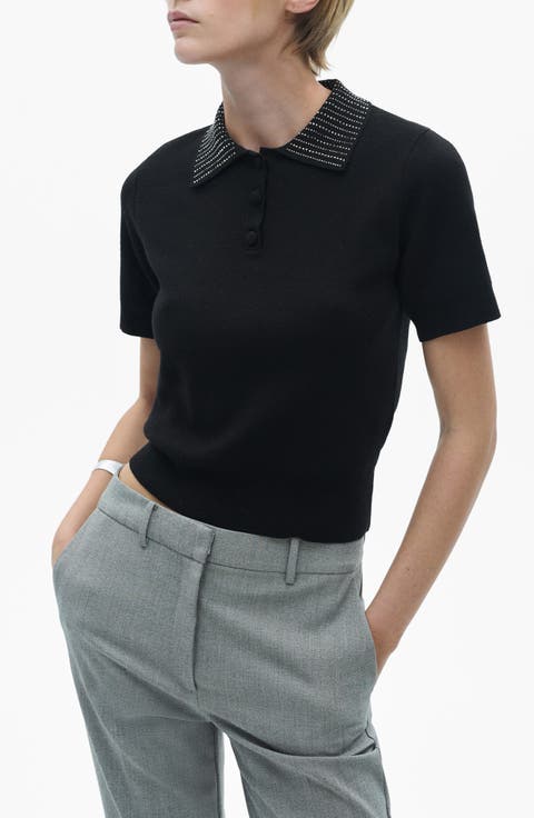 Rhinestone Collar Knit Polo Shirt