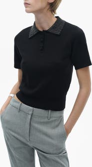 MANGO Rhinestone Collar Knit Polo Shirt