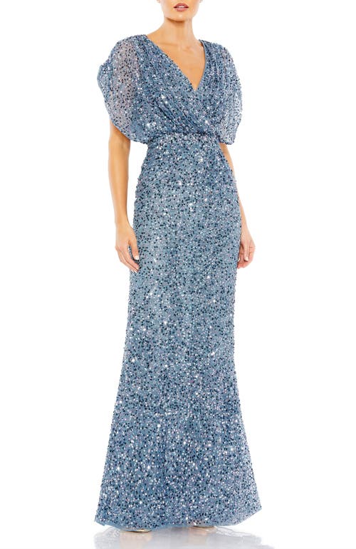 Mac Duggal Draped Sleeve V Neck Gown In Slate Blue
