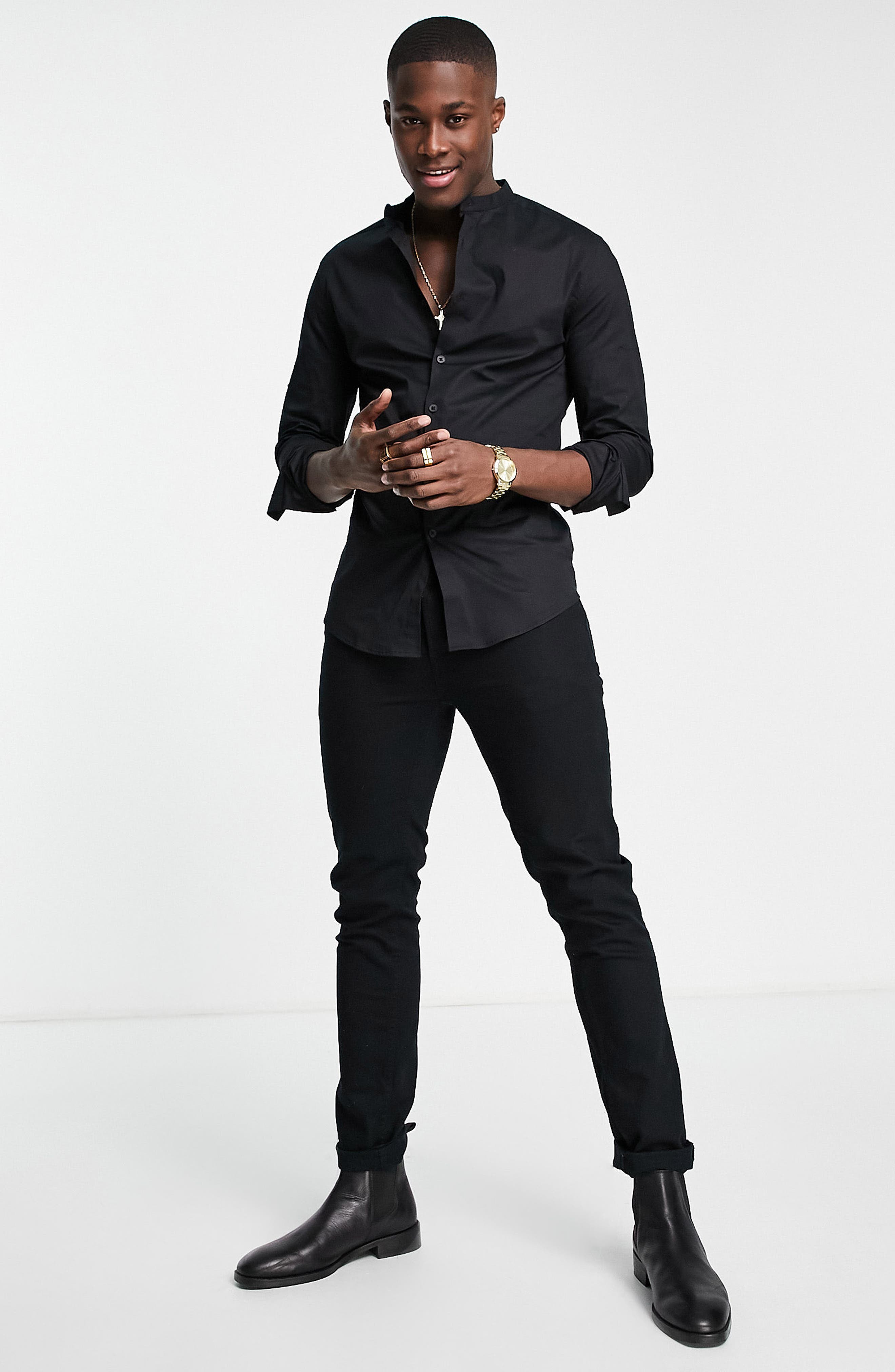 ASOS DESIGN Skinny Fit Band Collar Button-Up Shirt (Men) | Nordstrom