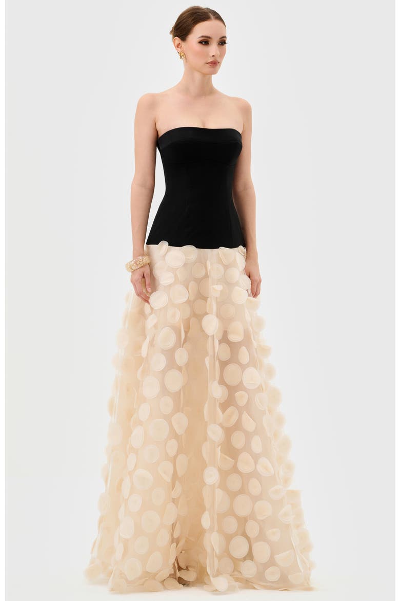 Avenna Strapless Petal Gown, Alternate, color, BLACK WHITE