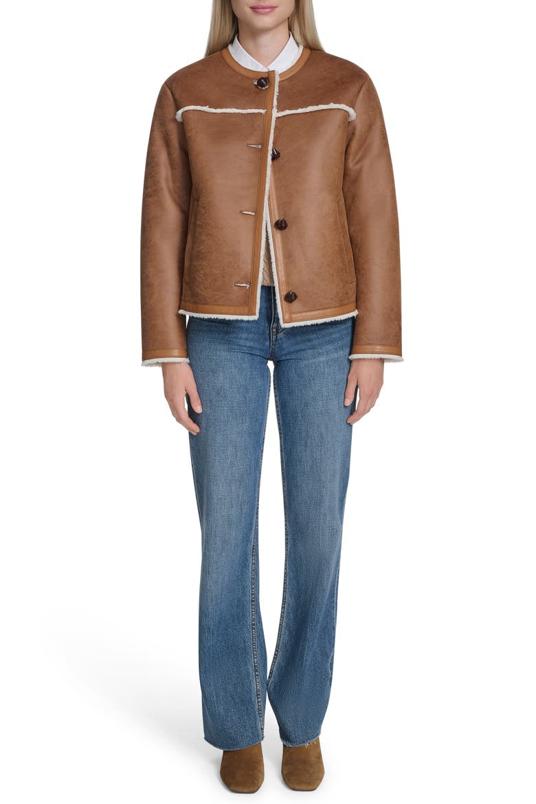 Water Resistant Waxed Faux Shearling Collarless Jacket, Alternate, color, HAZELNUT