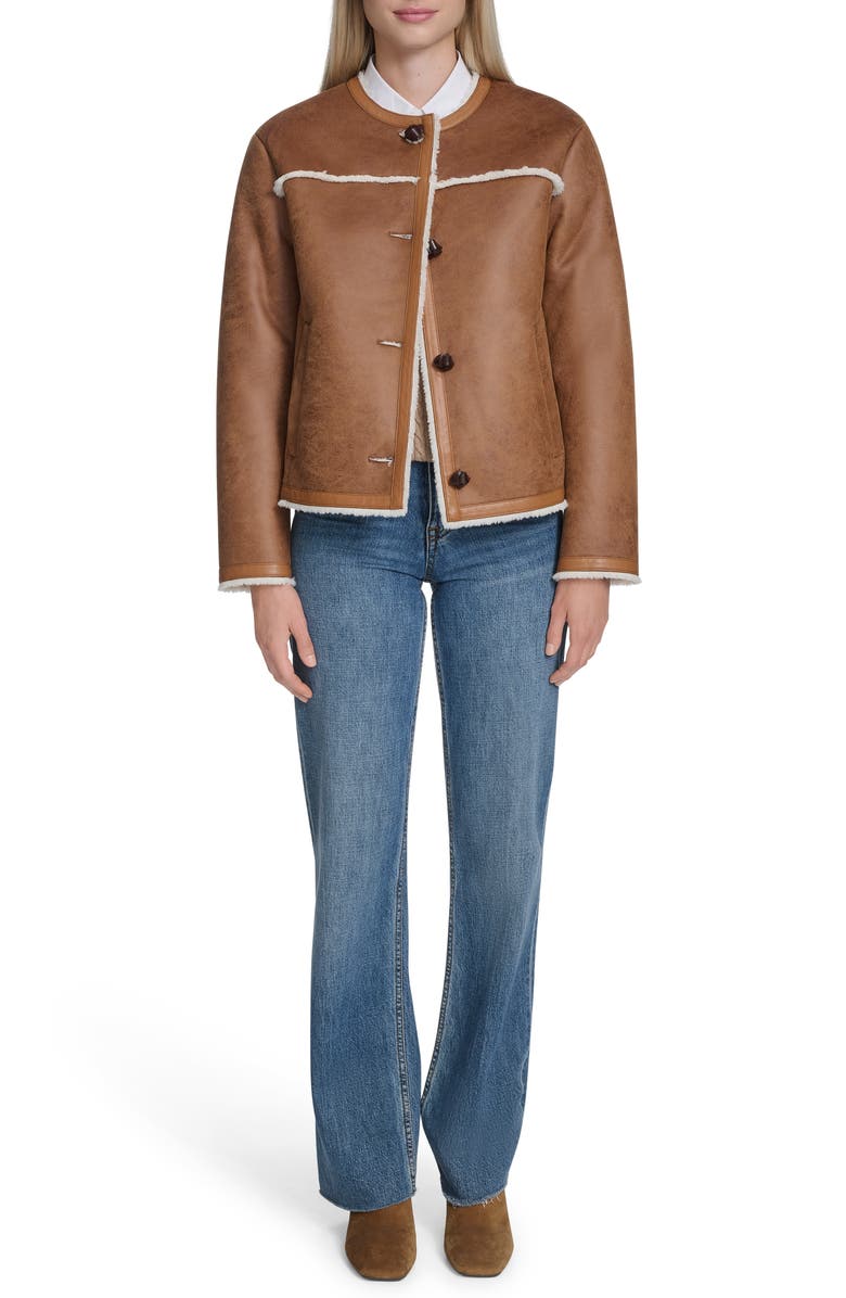 Cole Haan Water Resistant Waxed Faux Shearling Collarless Jacket, Alternate, color, Hazelnut