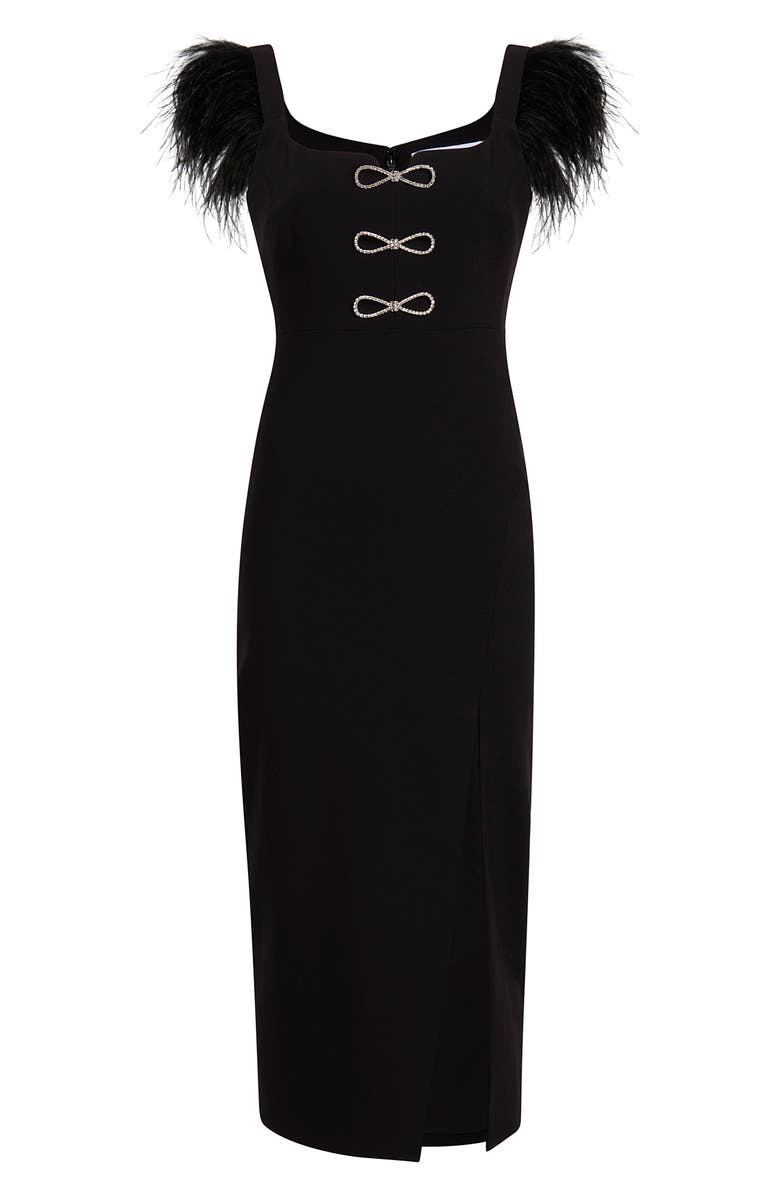 LIKELY Rizzo Crystal Bow Feather Trim Midi Dress, Alternate, color,