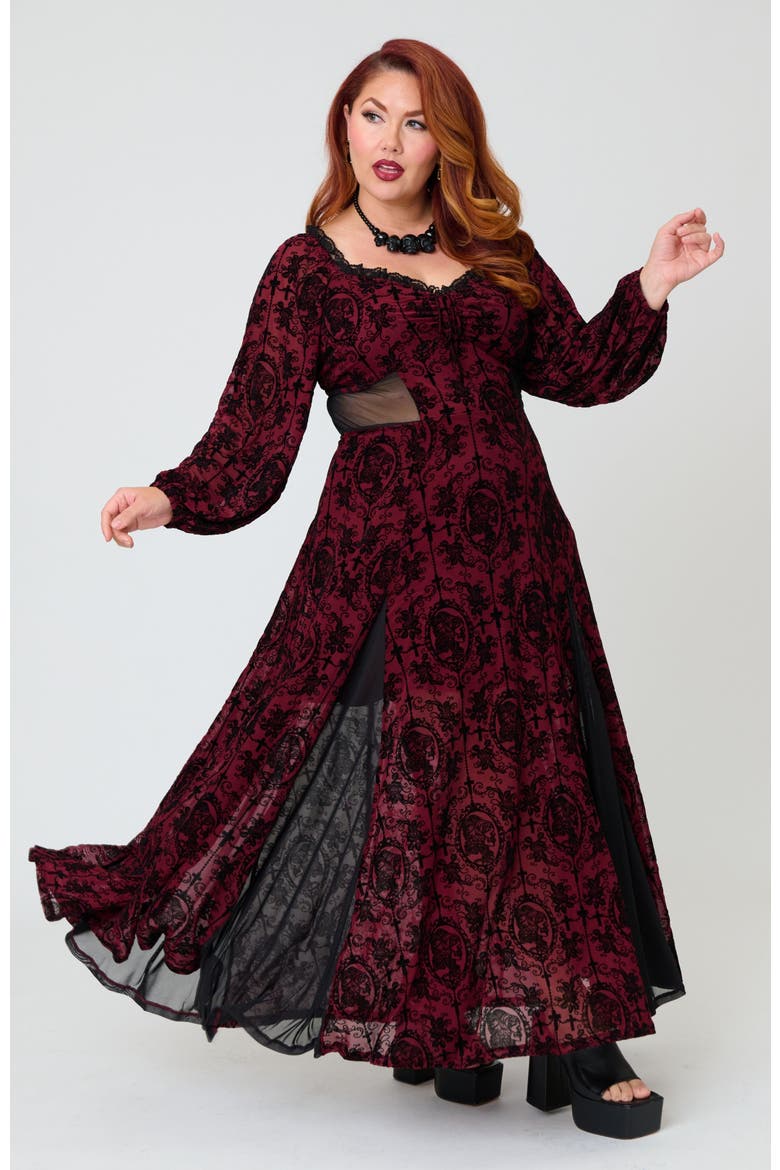 Plus Size Sheer Spiderweb Godet Maxi Dress, Alternate, color, Red Swirling Floral Print