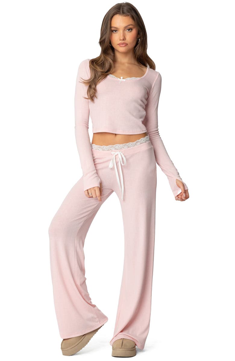 EDIKTED Peekaboo Lace Trim Knit Wide Leg Pants, Alternate, color, Pink