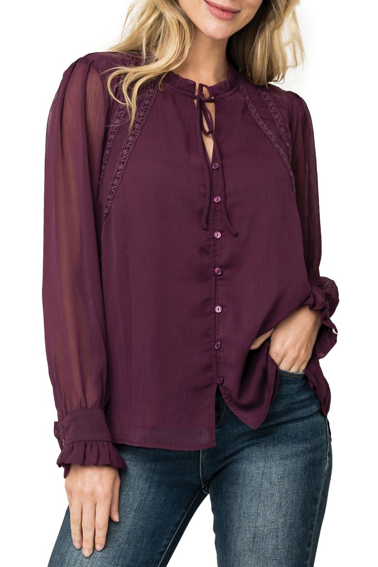 Embroidered Button-Up Top, Main, color, DEEP PLUM