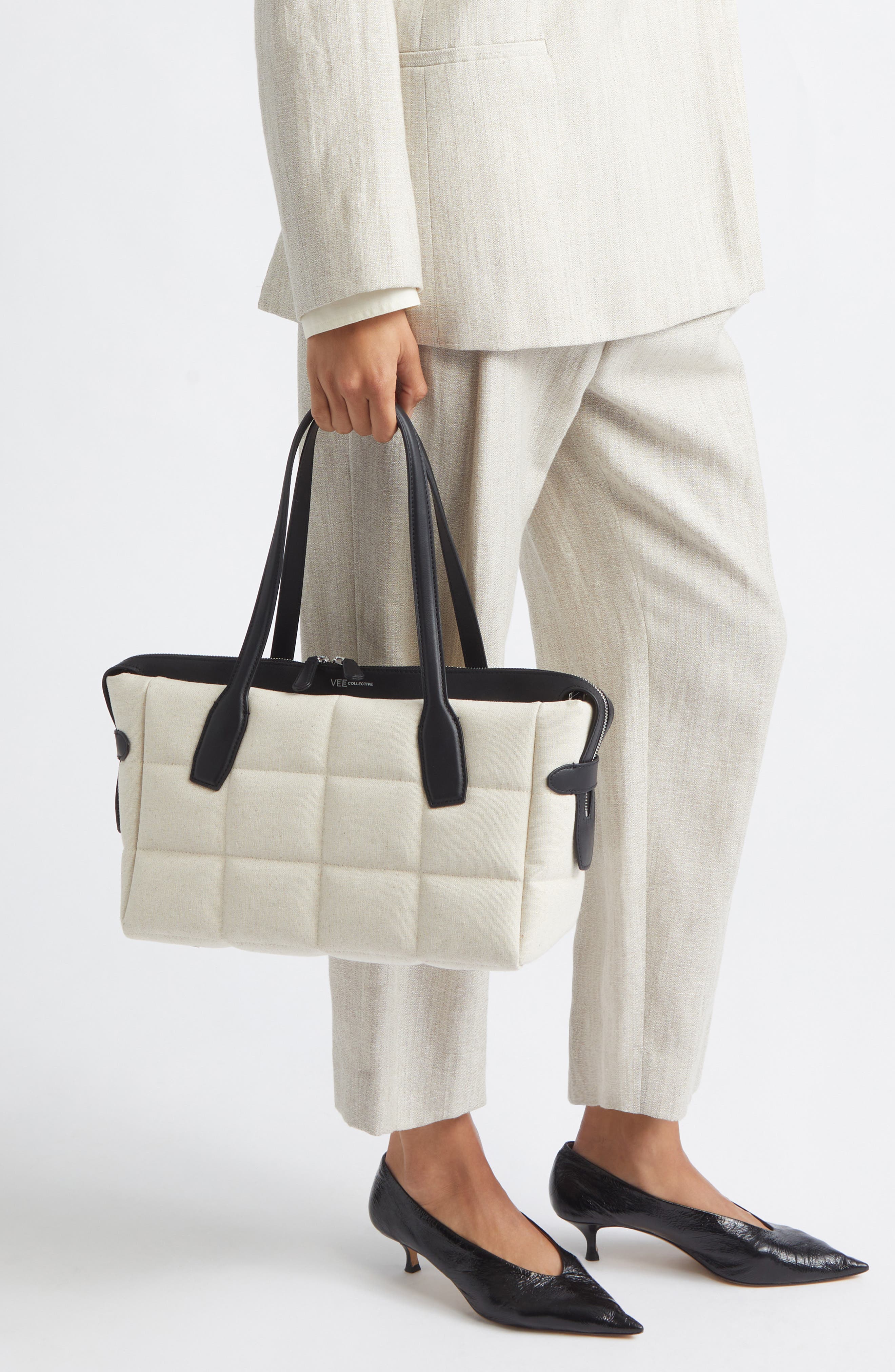 VeeCollective Small Tela Quilted Tote, Alternate, color, Natural Canvas / Black
