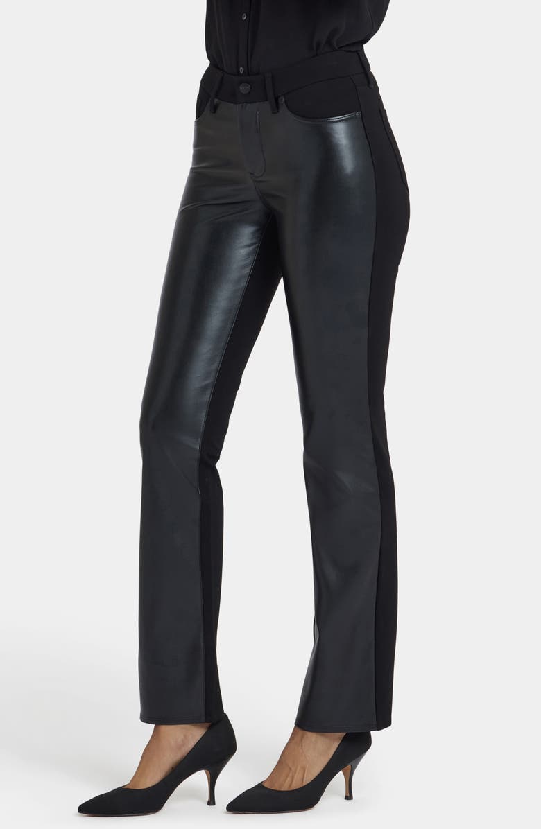 NYDJ Marilyn Straight Leg Mixed Media Faux Leather Pants, Alternate, color, Black