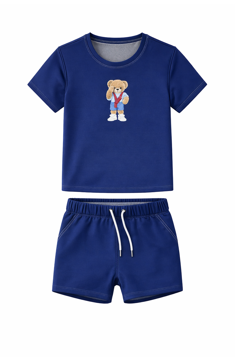 Try Boy Bear Artwork Short Sleeve Swim Top and Drawstring Shorts Two Piece Swimsuit Set, Main, color, Navy Blue