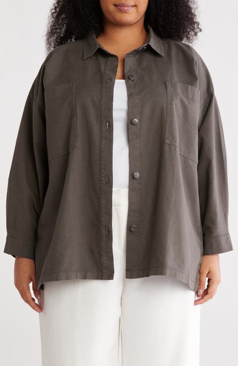 Boxy Stretch Organic Cotton & Hemp Shirt Jacket (Plus)