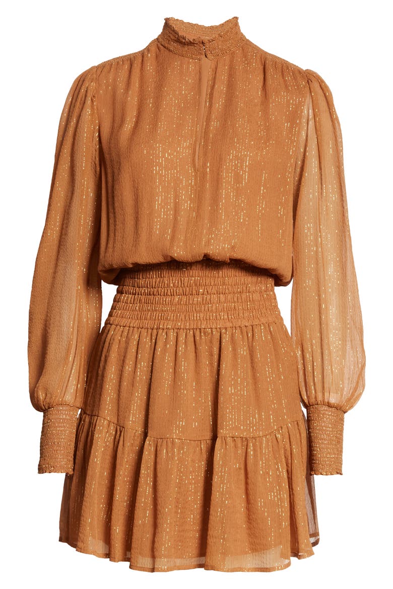 Silvie Smocked Long Sleeve Silk Blend Dress, Alternate, color, BUTTERSCOTCH