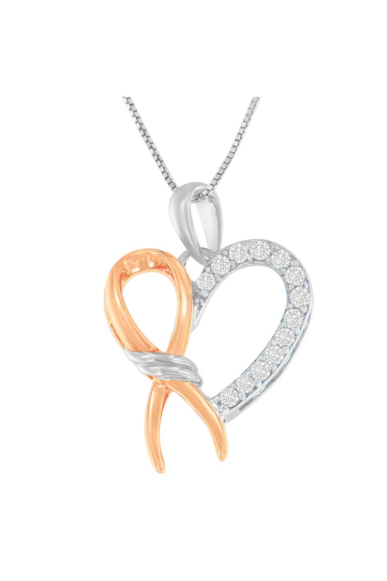 Two-Toned Silver 1/5 cttw Round Cut Diamond Ribbon Heart Accent Pendant Necklace, Alternate, color, White