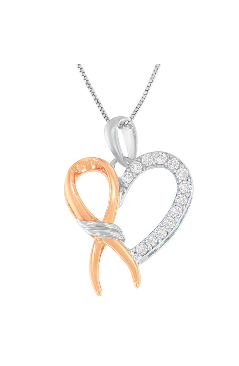 Haus of Brilliance Two-Toned Silver 1/5 cttw Round Cut Diamond Ribbon Heart Accent Pendant Necklace, Alternate, color, White